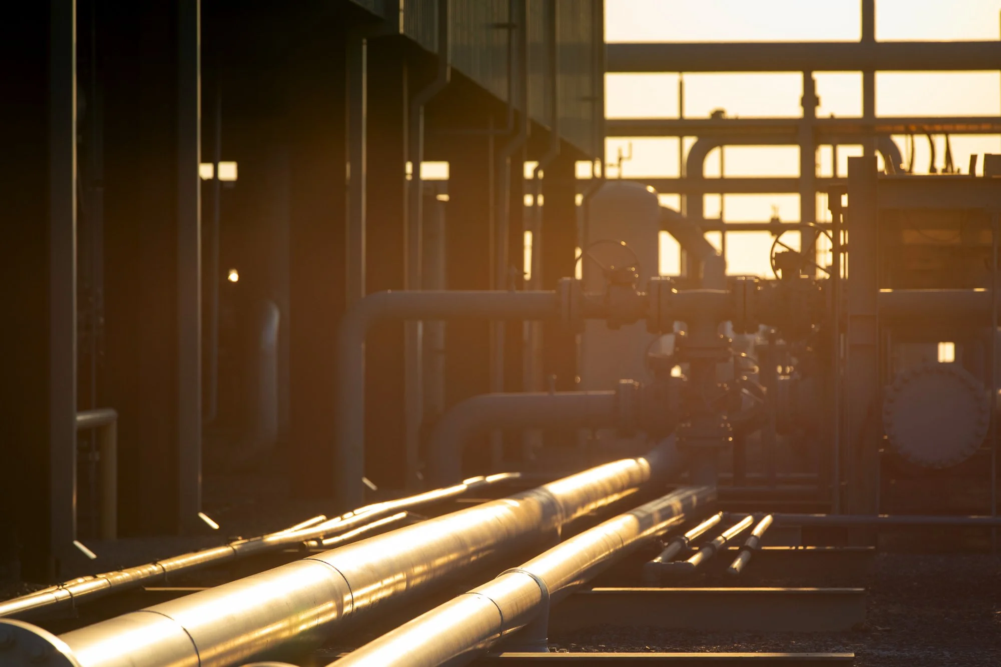 Industrial pipes and machinery bathed in warm sunlight at sunset.