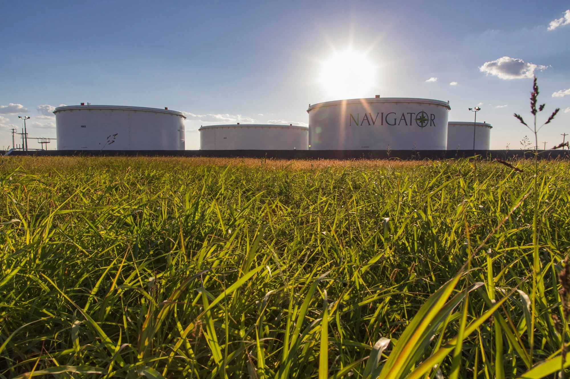 Green grasses in the foreground with large white storage tanks in the background under a bright sun in the sky.