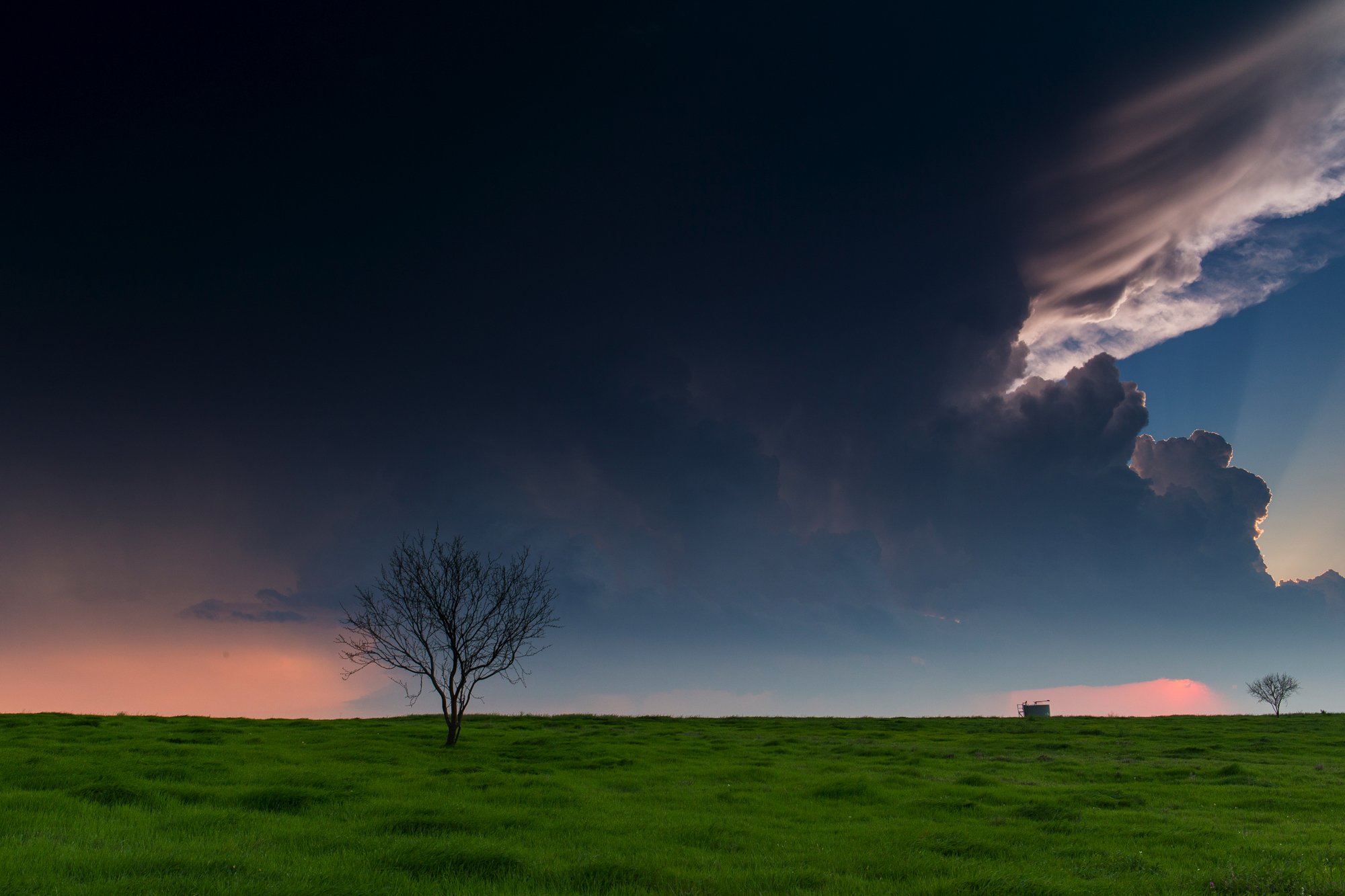 A grassy field with two leafless trees and a small building under a dramatic sky with dark clouds and sunlight breaking through.
