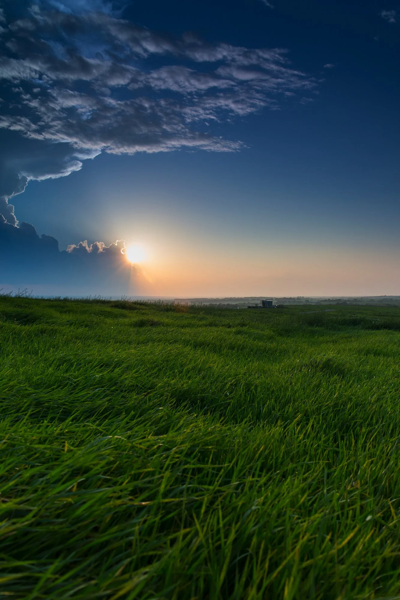 A scenic landscape depicting a grassy field with green grass in the foreground and a partly cloudy sky with the sun setting or rising in the background.