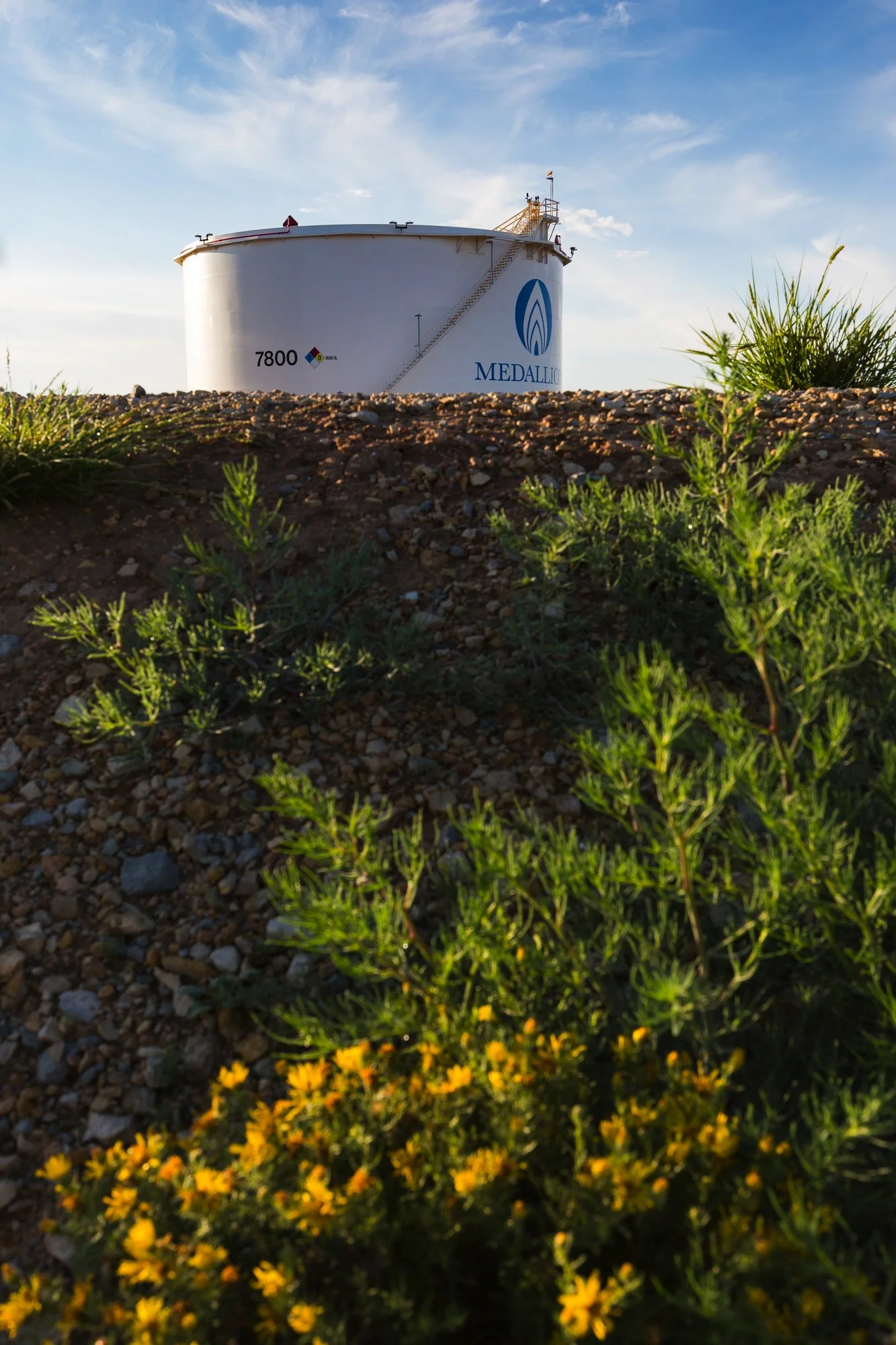A large white industrial tank with Medallion logo and hazard symbols, seen from ground level against a blue sky.