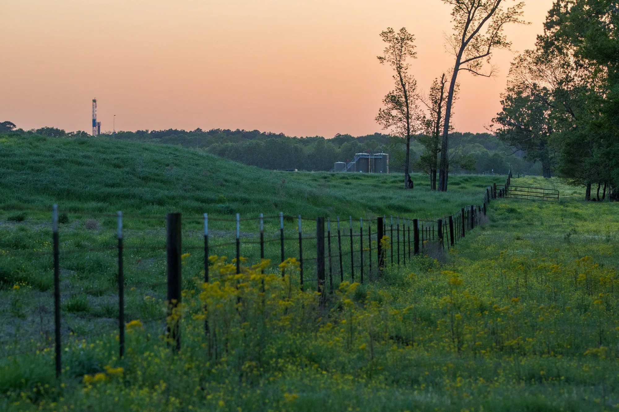 A rural landscape at sunset with a grassy field, a black fence, trees, and distant structures, including a water tower and a drill rig.