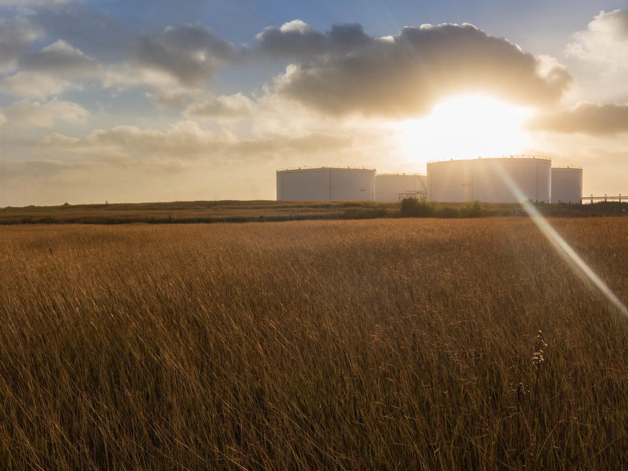 Oil storage tanks in a field at sunset with a cloudy sky.