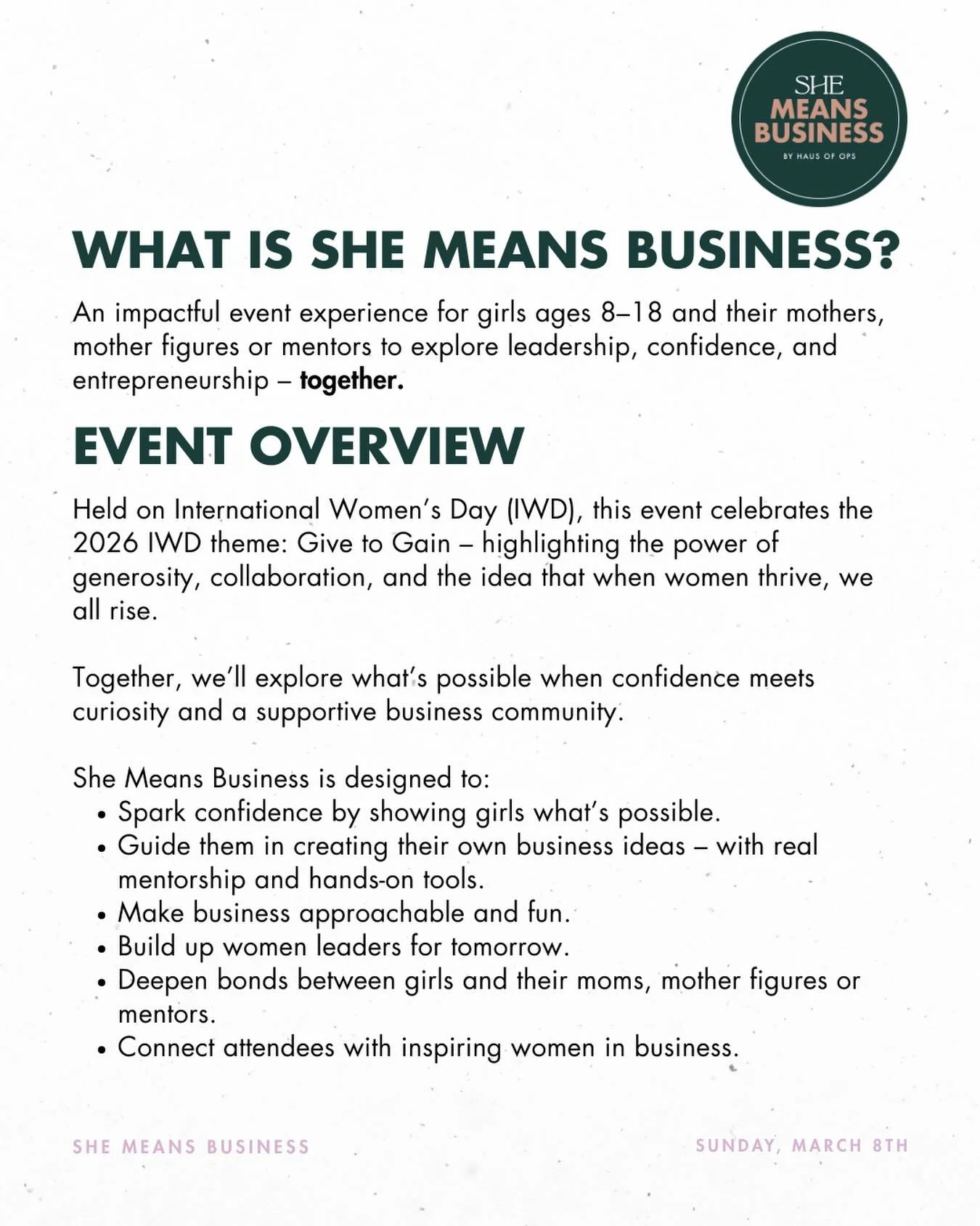 ✨ She Means Business x IWD 2026 ✨

An unforgettable experience for girls 8&ndash;18 and their moms, mentors, and mother figures 💜

This International Women&rsquo;s Day, we celebrate Give to Gain, because when women thrive, we all rise.

🌟 Build con