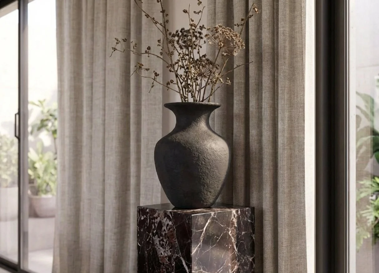 Minimalistische Interior Szene mit Vase, Naturtextilien und warmem Licht