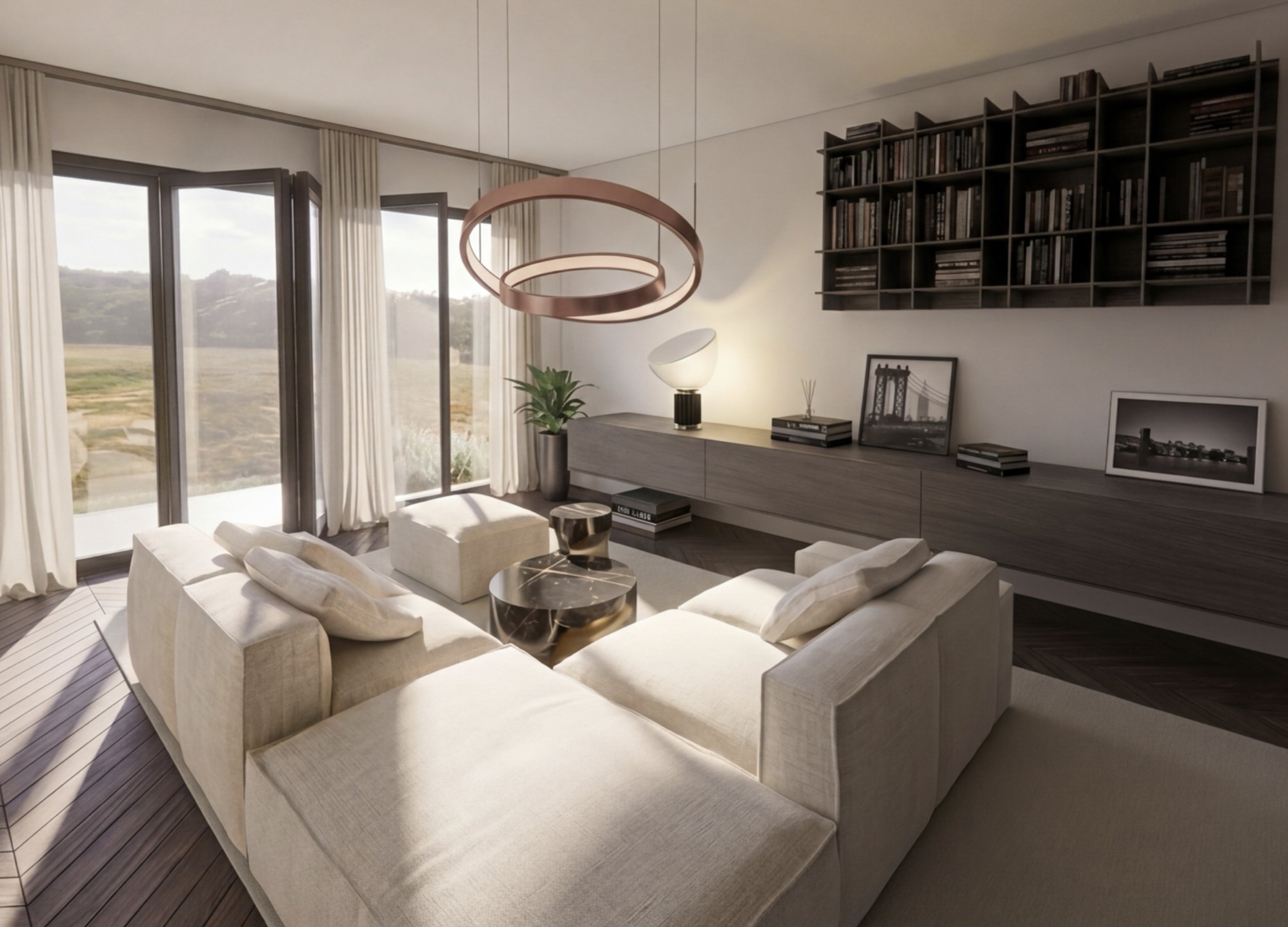 Moderner Wohnzimmer mit großen Fenstern, weißen Sofas, dunklem Holzboden, Wandregal mit Büchern, Deckenleuchte und Dekorativelemente.