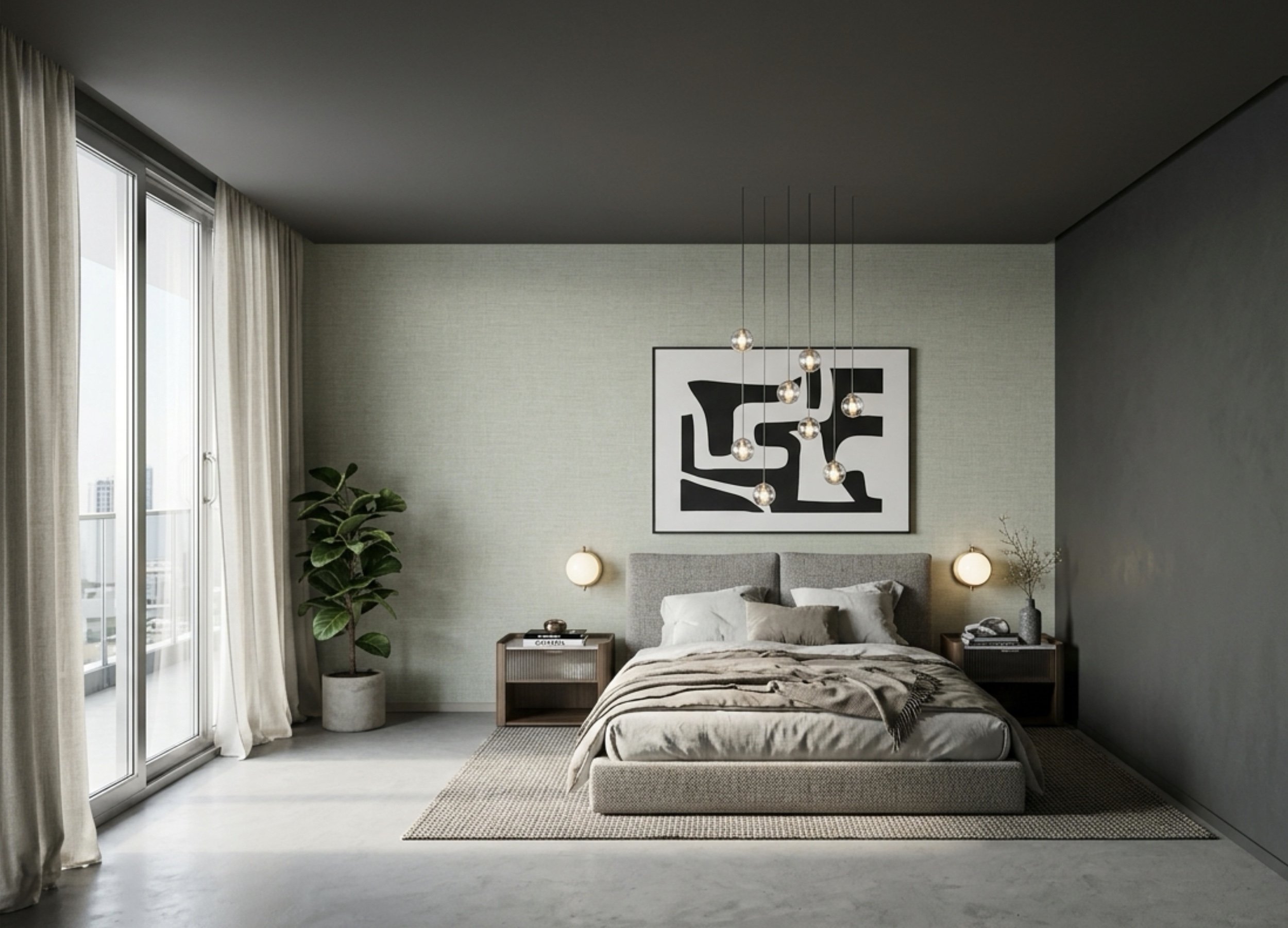 Modernes Schlafzimmer mit ruhiger Farbpalette, natürlichen Materialien und weichem Licht