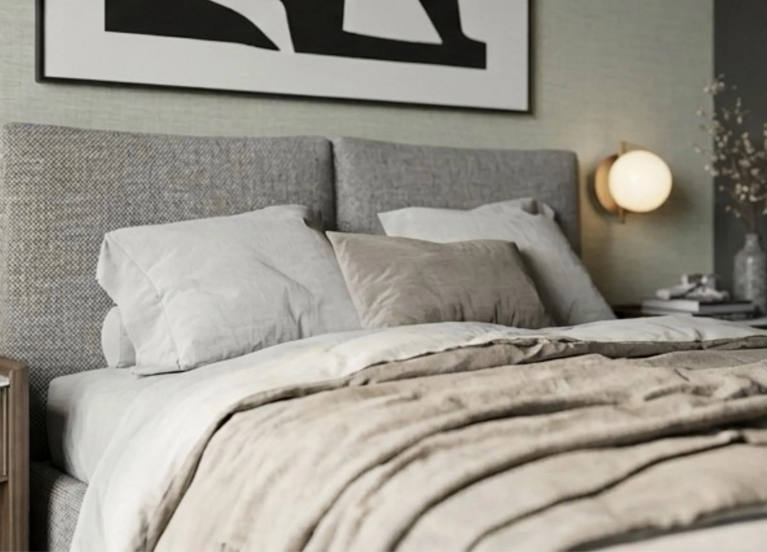 Detail eines minimalistischen Schlafzimmers mit Textilien, sanften Farben und natürlicher Lichtstimmung