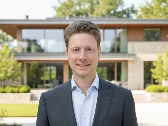 Andreas Schöneberger, Immobilienmakler und Investor im Rhein-Main-Gebiet, vor moderner Wohnimmobilie