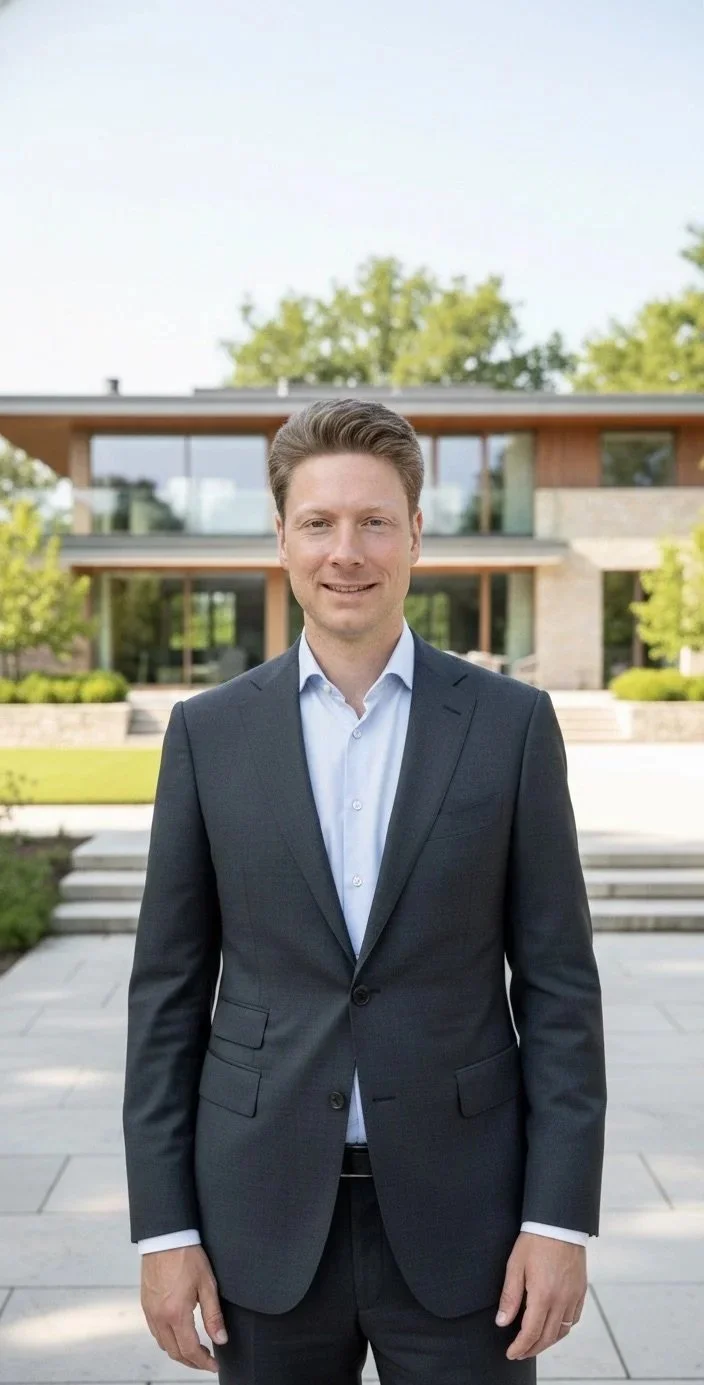 Ein Mann in einem dunklen Anzug und weißem Hemd steht draußen vor einem modernen Haus mit großen Fenstern, umgeben von Bäumen und Pflanzen.