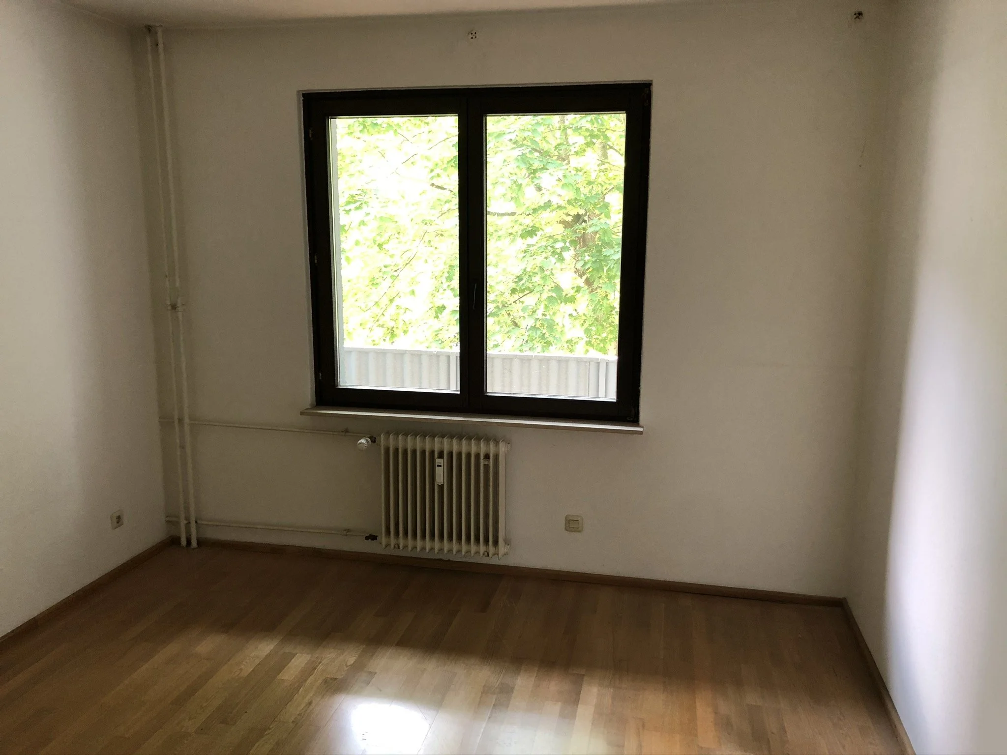 Leeres Zimmer mit Holzboden, weißer Wand, Fenster mit Blick auf grüne Blätter und Heizkörper darunter.