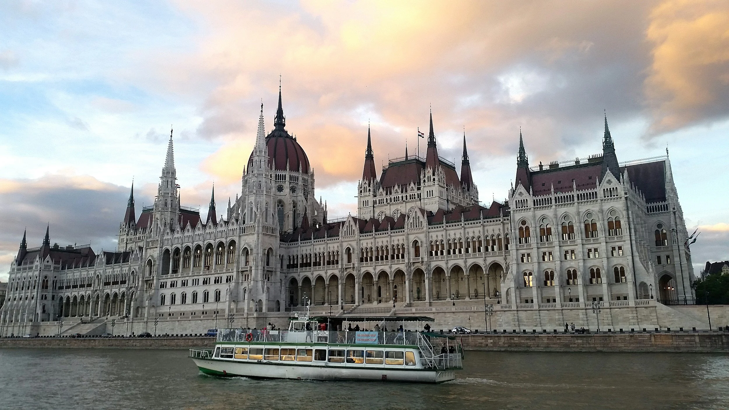 Budapest skyline illuminated at night Danube river