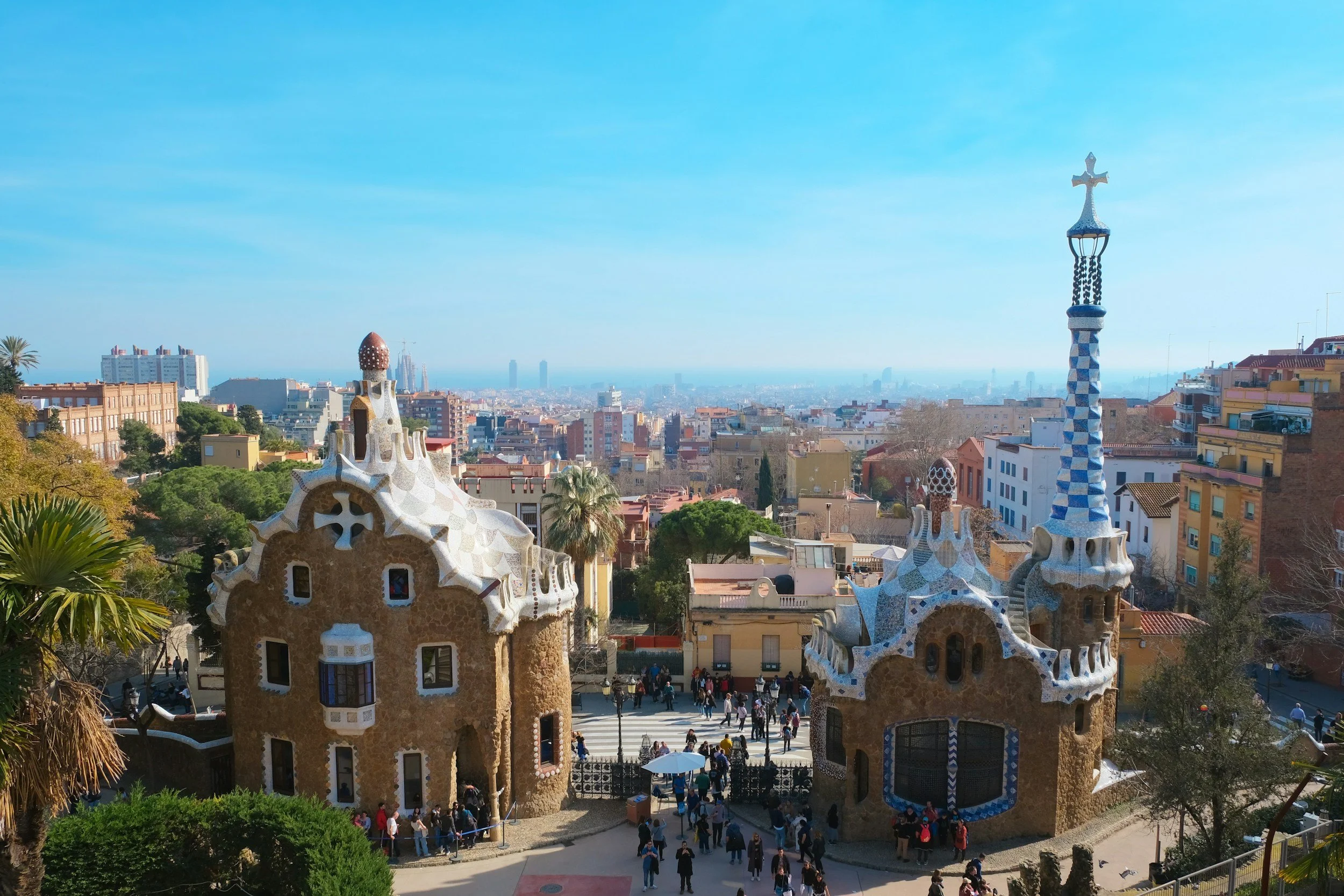 Park Guell colorful mosaic terrace overlooking Barcelona