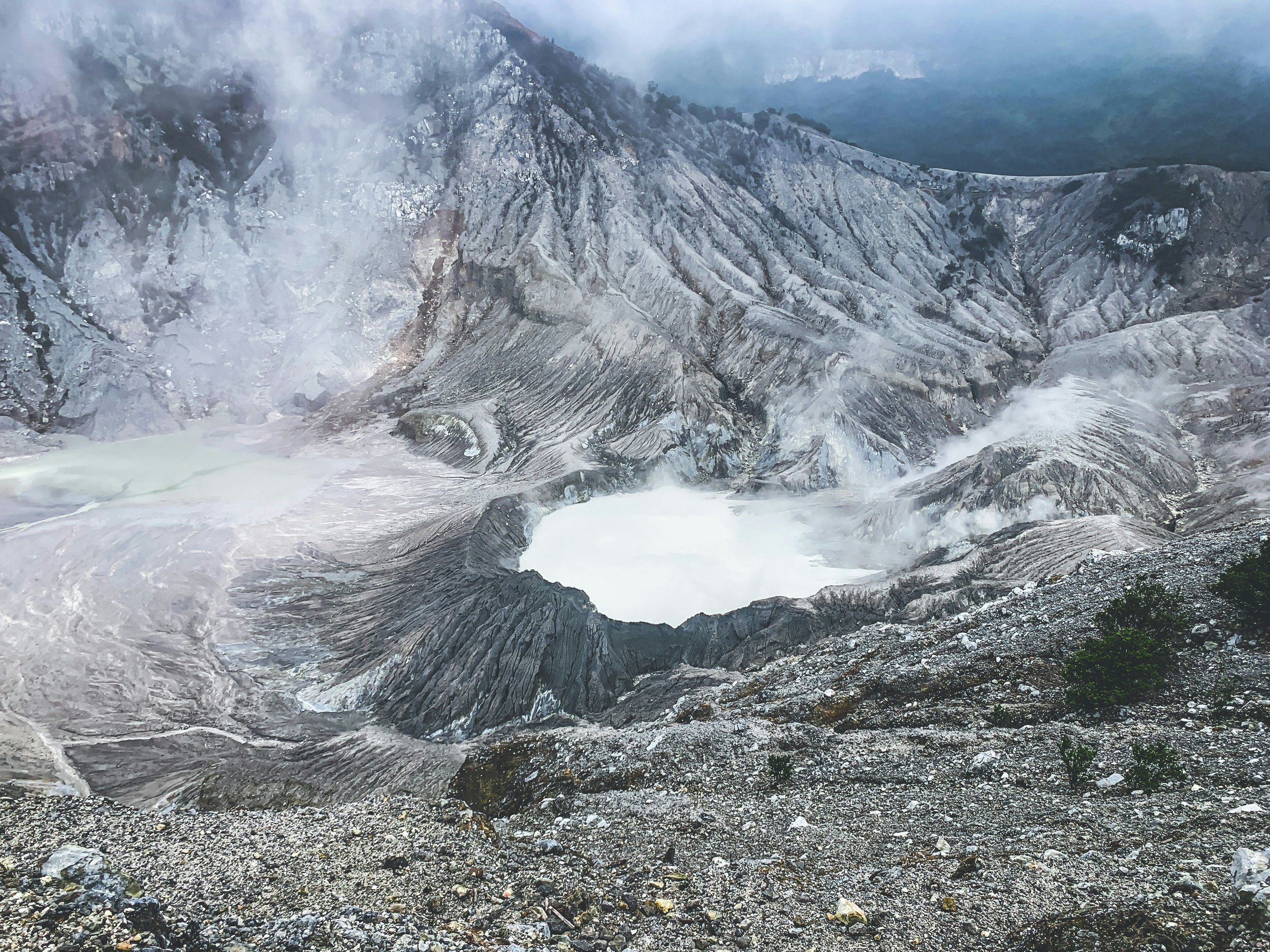 Steam rising from Tangkuban Perahu volcano crater near Bandung