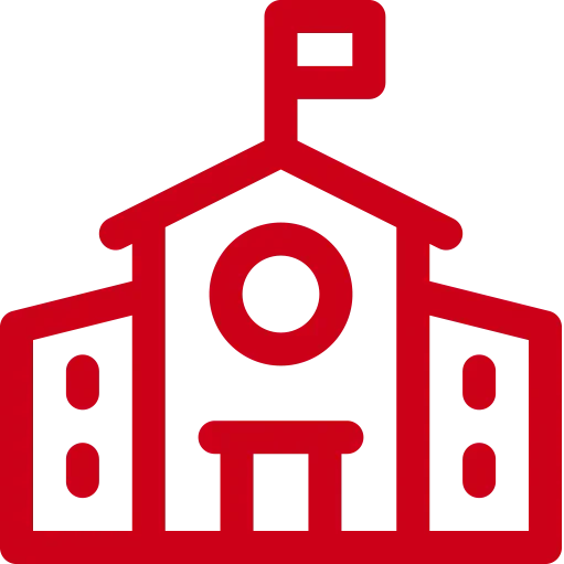 a red icon of a school