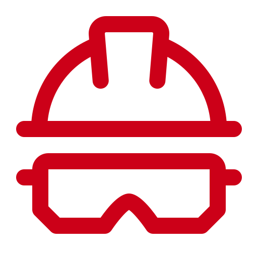 A red construction helmet with goggles icon