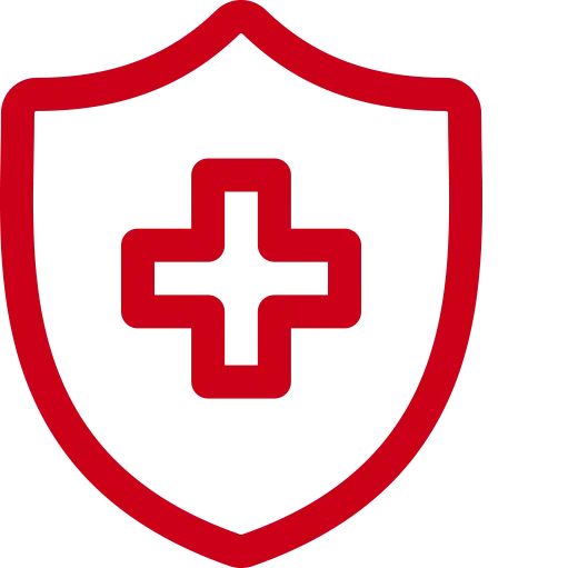 a red icon of a shield with a medical cross