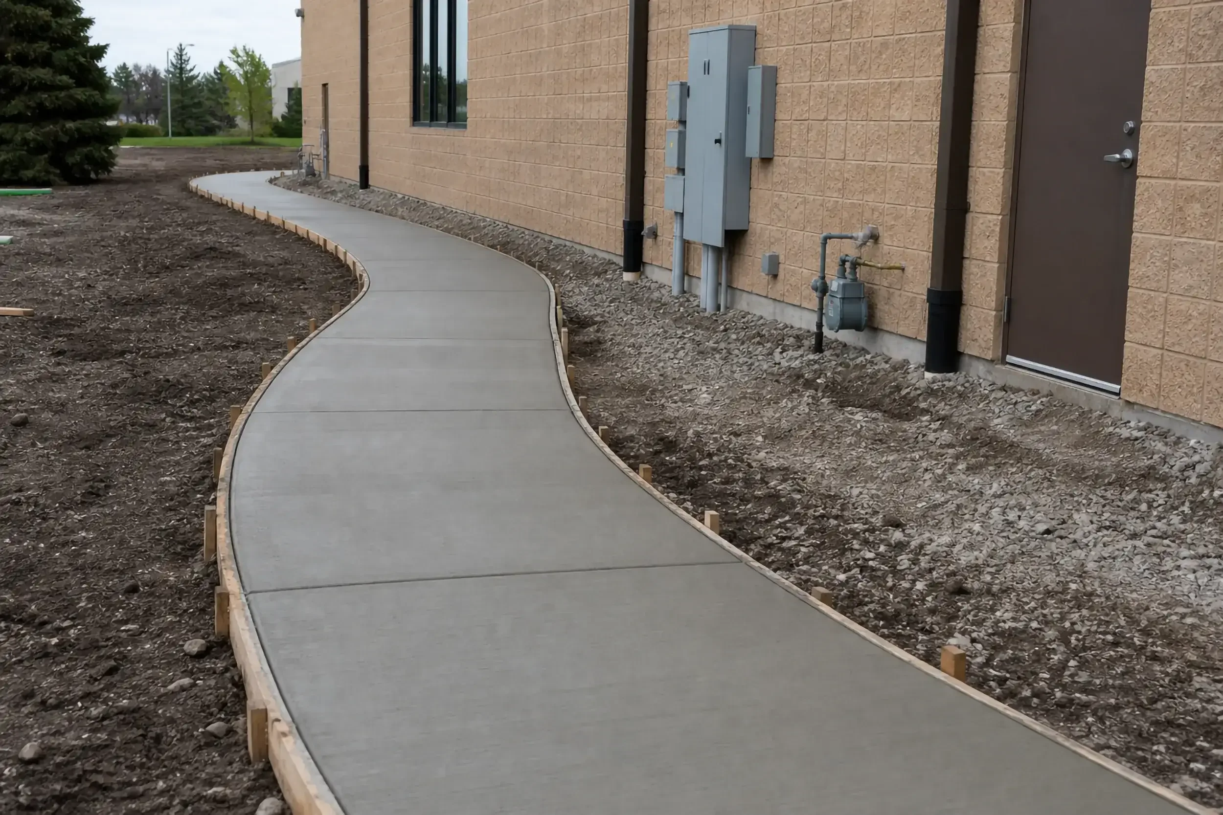 A concrete sidewalk with a curved shape is adjacent to a beige brick building with utility boxes and pipes. The sidewalk runs along a dirt area with some green grass and trees in the background.