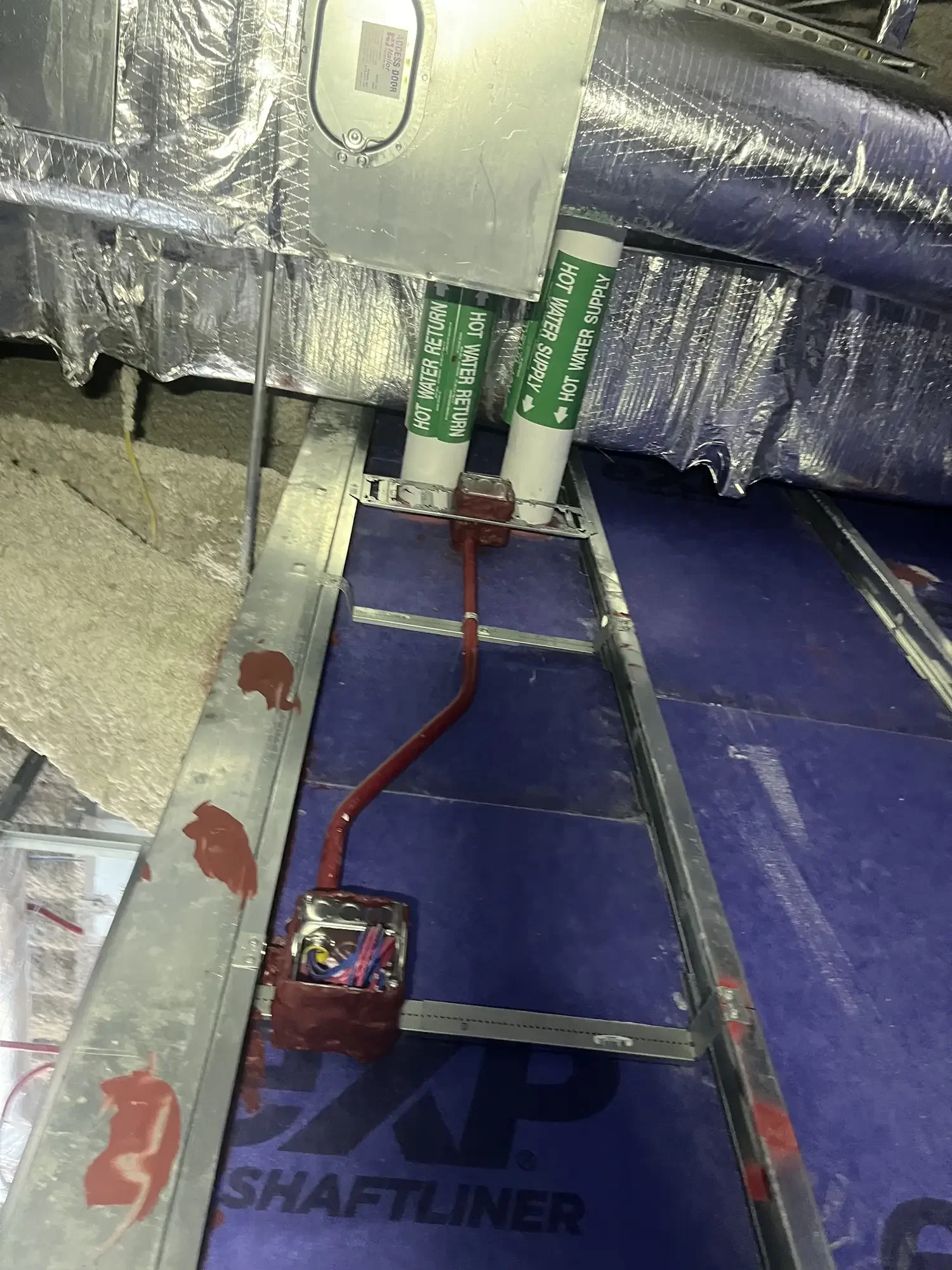 View of a construction or industrial installation showing metallic insulated pipes labeled with green stickers that read 'HOT WATER SUPPLY,' 'WATER RETURN,' and 'WATER SUPPLY,' red piping connected to a component, metal framing, and a partially visib