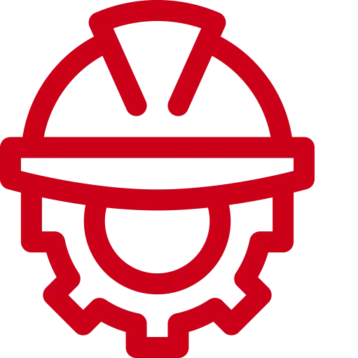 a red icon of a hard hat on a gear