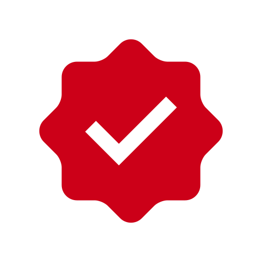 A red checkmark badge icon