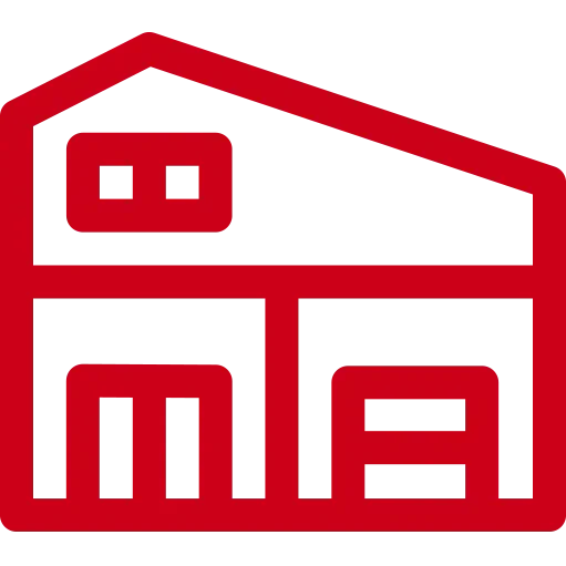 a red icon of a two-story house