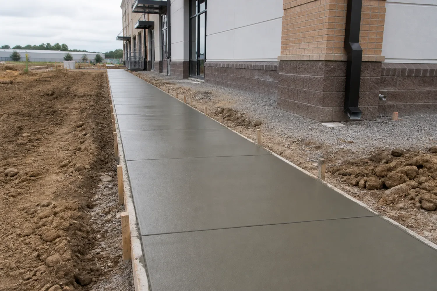 A concrete sidewalk with a curved shape is adjacent to a beige brick building with utility boxes and pipes. The sidewalk runs along a dirt area with some green grass and trees in the background.