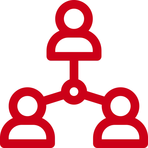 Simple diagram of three connected human figures in red representing teamwork or collaboration.