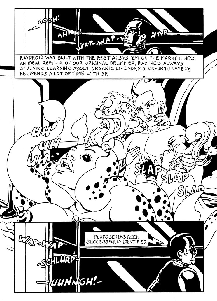 Black and white comic panel showing a spaceship with a display of a man working on an AI system, a woman and a creature with tentacles and spots in a room, and a woman looking at the spaceship with a caption "Purpose has been successfully identified"