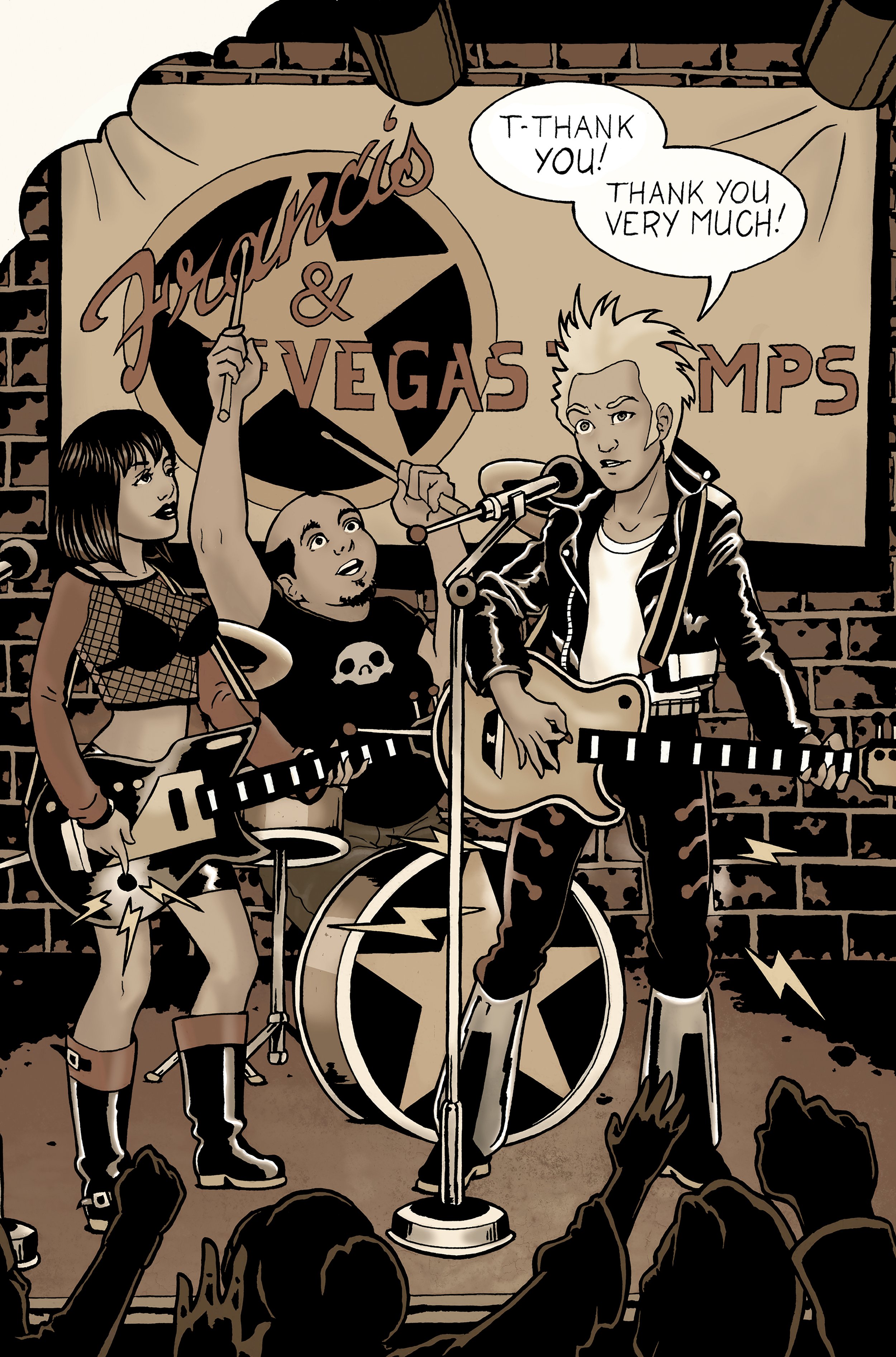 A cartoon-style illustration of a punk rock band performing indoors. The band has three members: a female guitarist, a male drummer, and a male singer with a guitar. The singer is holding a microphone and a guitar, wearing a leather jacket, and singi
