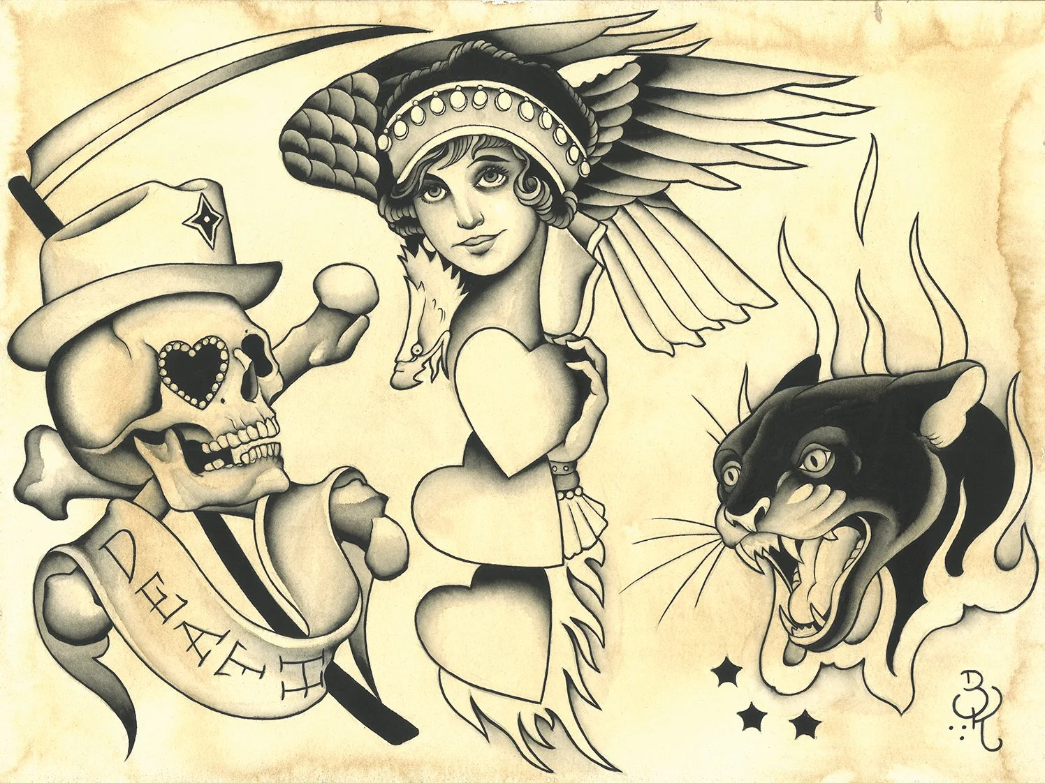 A vintage-style tattoo flash art featuring a skull wearing a cowboy hat with a heart-shaped eye, a smiling woman with a feathered headdress holding a heart, and a fierce roaring black panther with flames behind it.