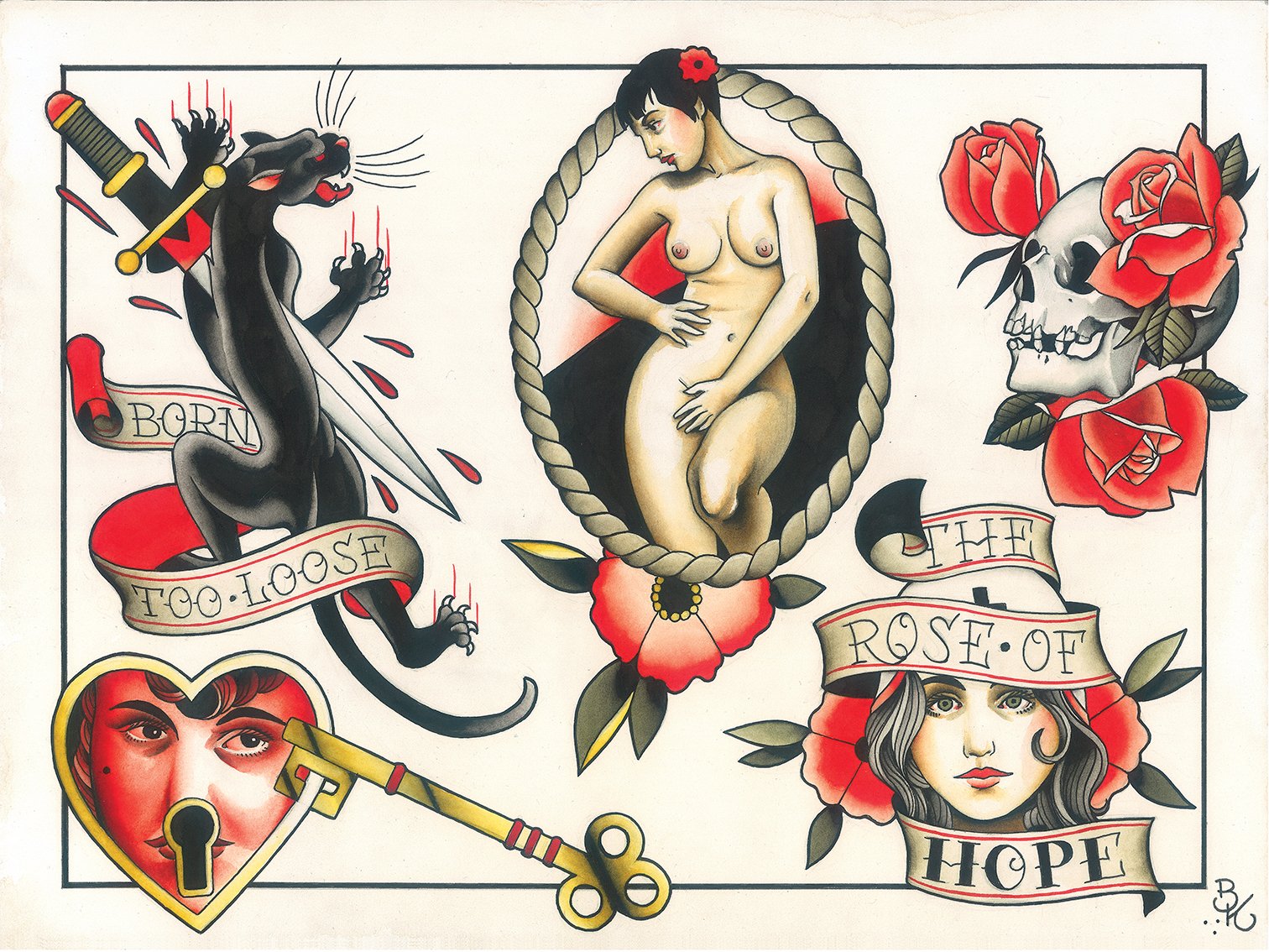 Tattoo design featuring a black panther with a sword, a nude woman within a rope frame, a skull with roses, a woman's face with roses and a key, and text banners reading "Born Too Loose" and "The Rose of Hope."