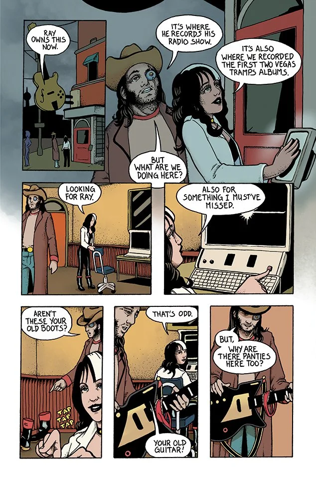 A comic strip illustrating a conversation about music, showcasing two men and two women inside what appears to be a radio station and a bar, discussing guitar records and old boots.