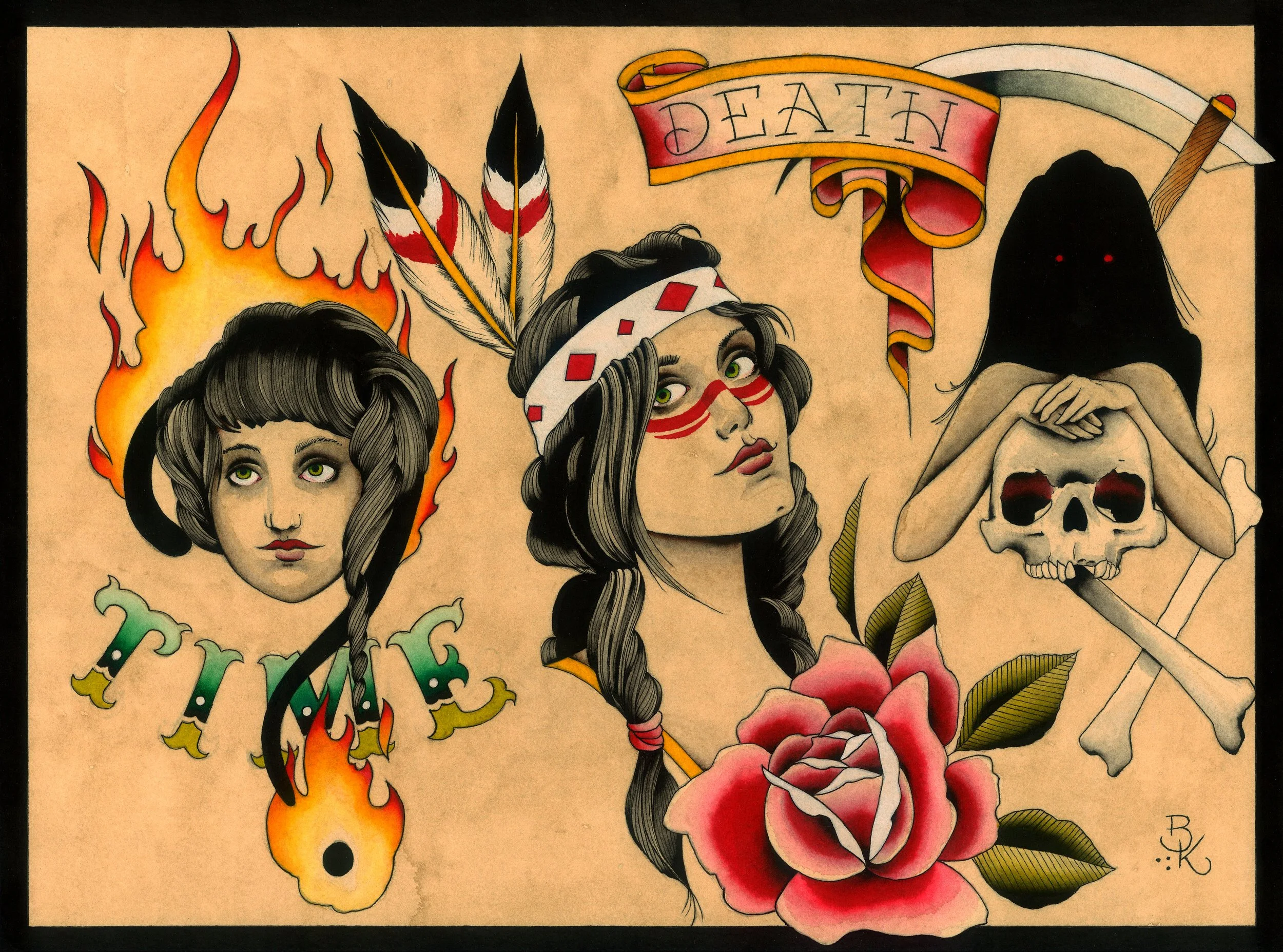 Tattoo art featuring three portraits of women with distinct styles, one with flames background, one with a feathered headband, and one with a dark hooded figure with red eyes; includes a skull with crossed swords, a large rose, and a banner with the 