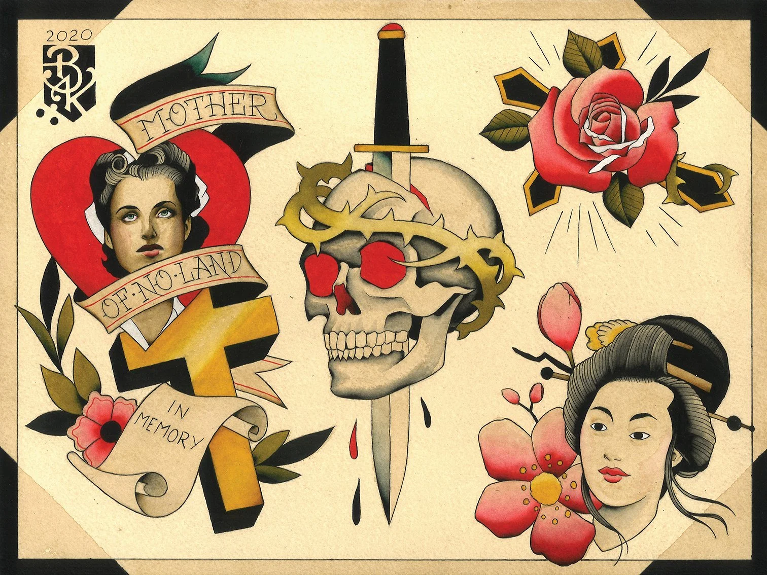 Tattoo style artwork featuring a woman's face inside a heart with a banner reading 'Mother of No-Land,' a skull with a sword and vine wrapped around it, a framed pink rose, and a traditional Japanese woman with flowers around her head.