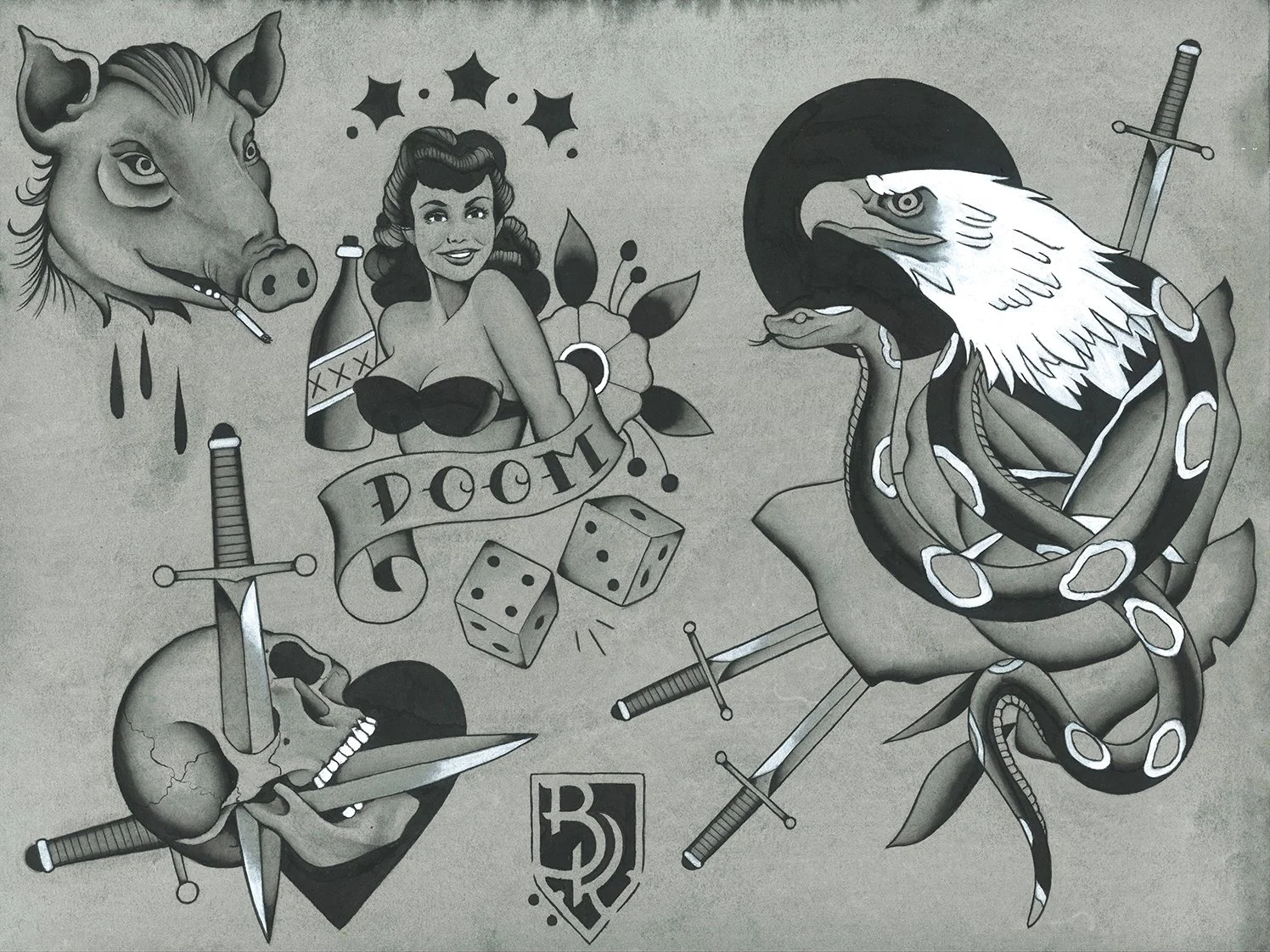 Black and white tattoo-style artwork featuring a snarling pig with a cigarette, a tattooed woman with a banner reading "DOOM", a snake wrapped around a sword, a bird with a snake in its beak, dice, a skull pierced by a sword, and a shield emblem.
