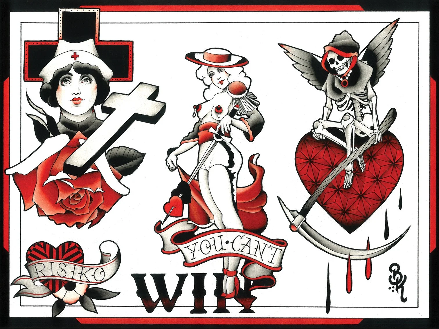 Tattoo-style artwork featuring a nurse with a cross and roses, a woman with a cat tail holding a sword, and a skeleton with wings sitting on a heart-shaped object with a sword. Includes banners with words 'Risk' and 'You Can't' and the initials 'W!'.