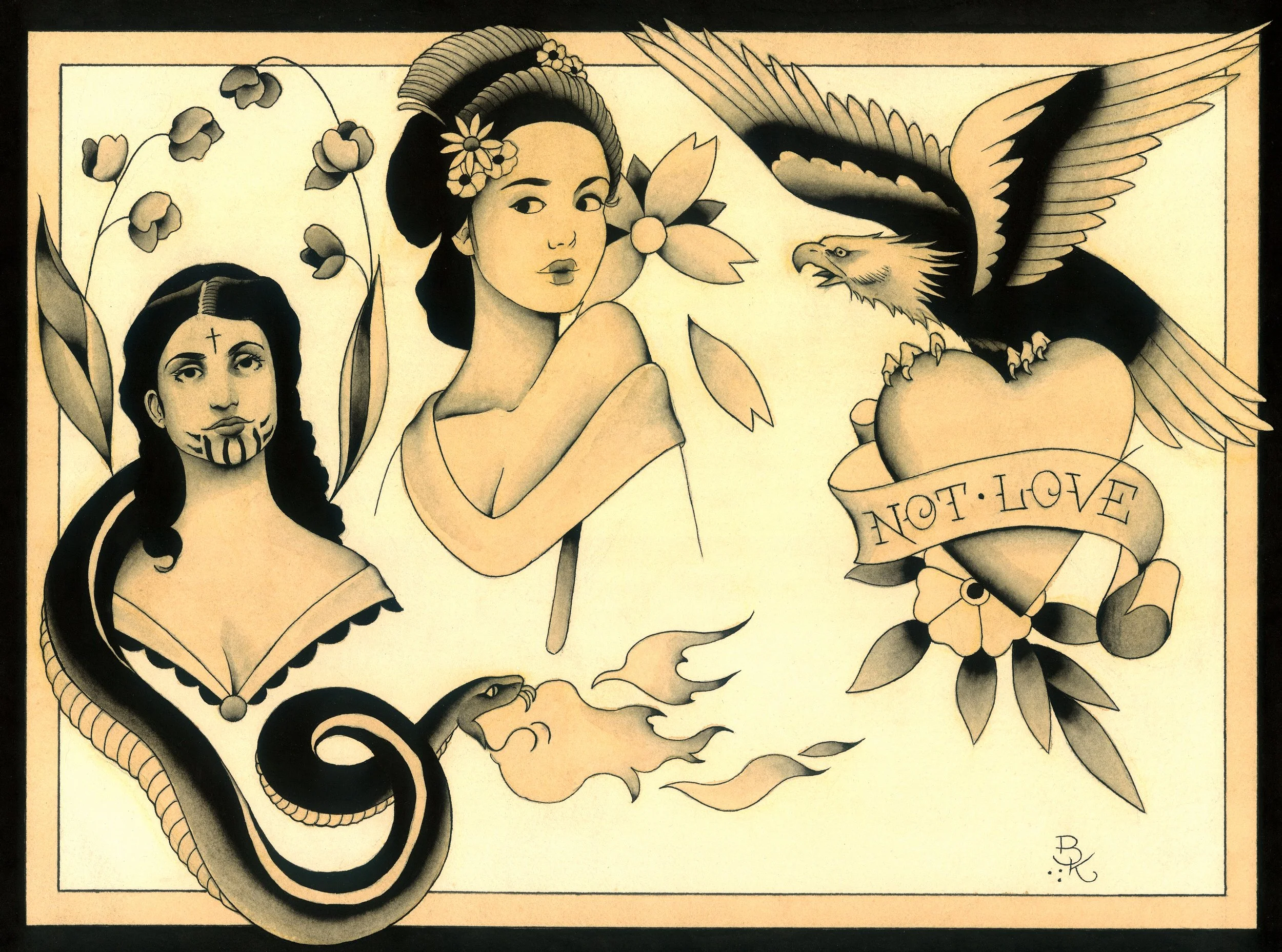 Tattoo-style illustration featuring two women, a snake, an eagle, a heart with a banner reading 'NOT LOVE,' and flowers.