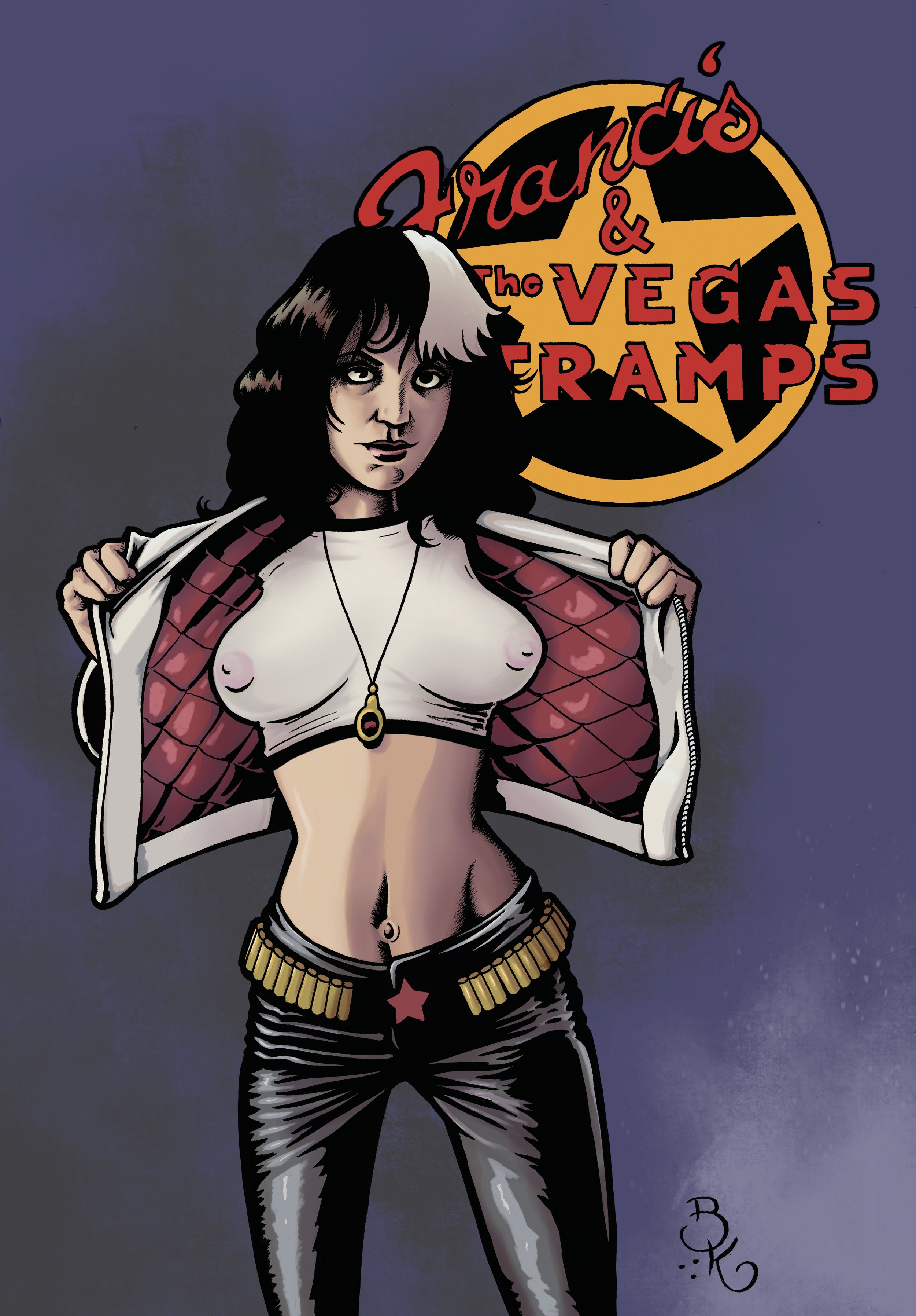 A woman with black hair and pale skin, wearing black leather pants with a star detail, a crop top, and a red plaid jacket, stands in front of a purple background with a sign that reads 'Hanoi & the Vegas Rams' with a star and circle design.