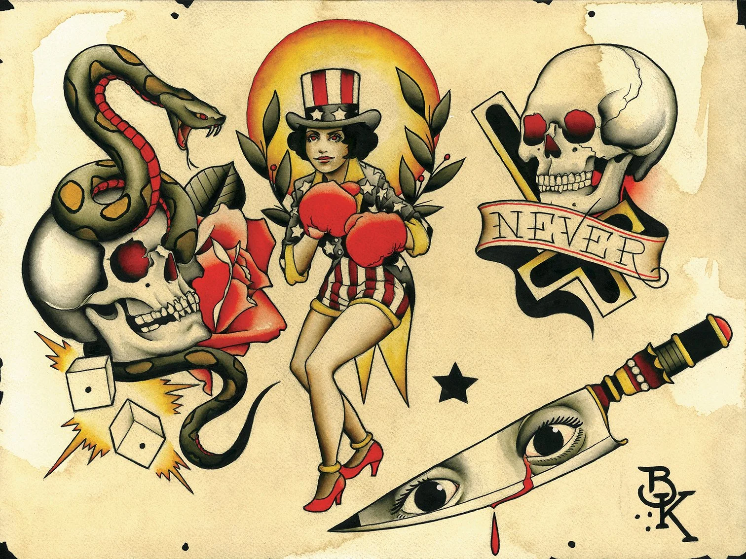 A colorful tattoo-style illustration featuring a woman dressed as Uncle Sam in boxing gloves, surrounded by skulls, a snake, dice, an eye, and a banner reading 'Never' with a tattoo gun.