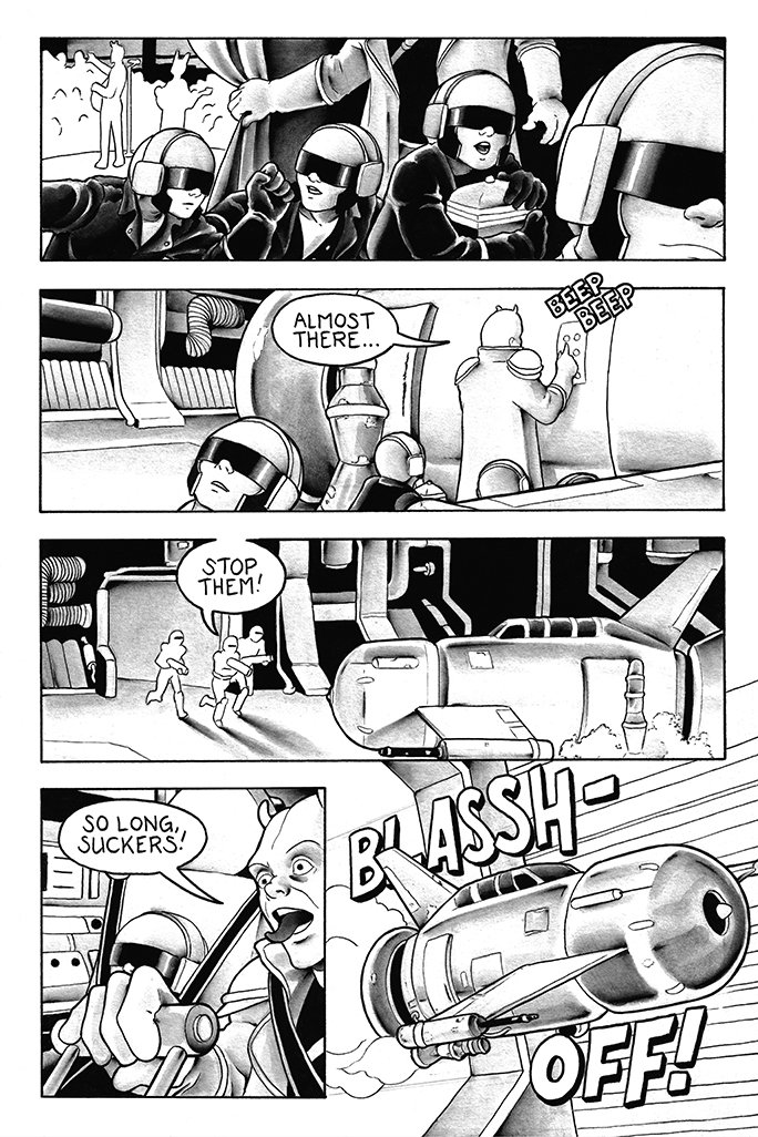 Cartoon of military soldiers and officers in a tank, with some soldiers in a control room, communicating and preparing to fire a missile. One person shouts, "So long, suckers!" as the missile blasts off.