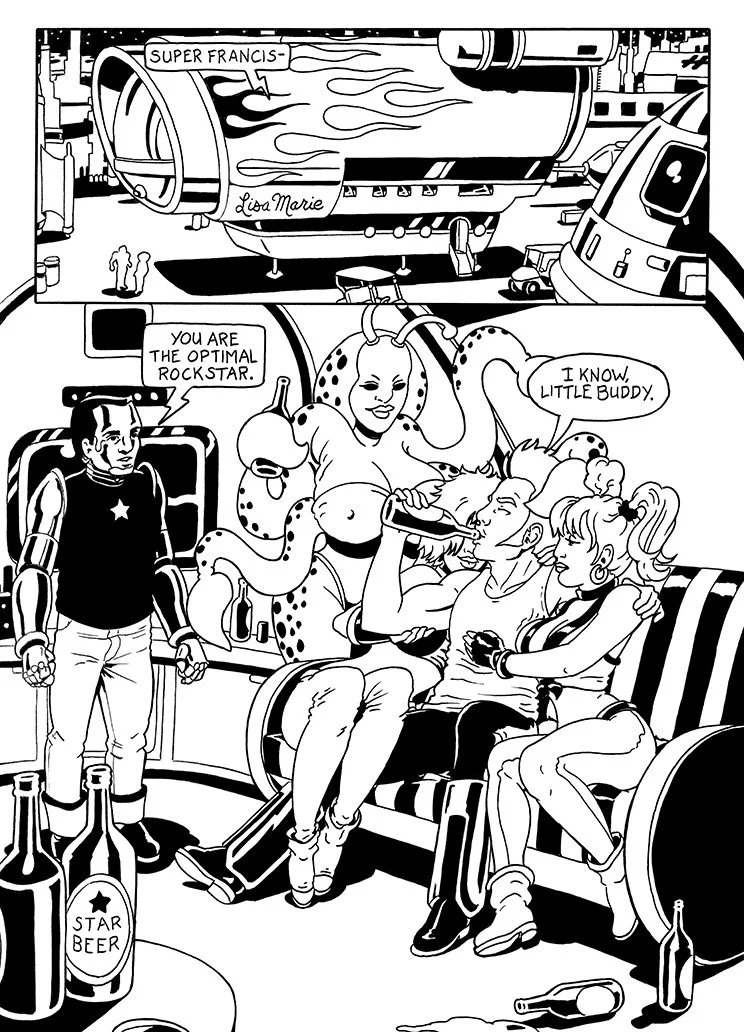 Black-and-white comic panel featuring a futuristic bar scene with a spaceship named Super Francis in the background. Two women, one with robotic arms and octopus tentacles, are sitting on a couch with a man drinking from a bottle, and a woman is comf