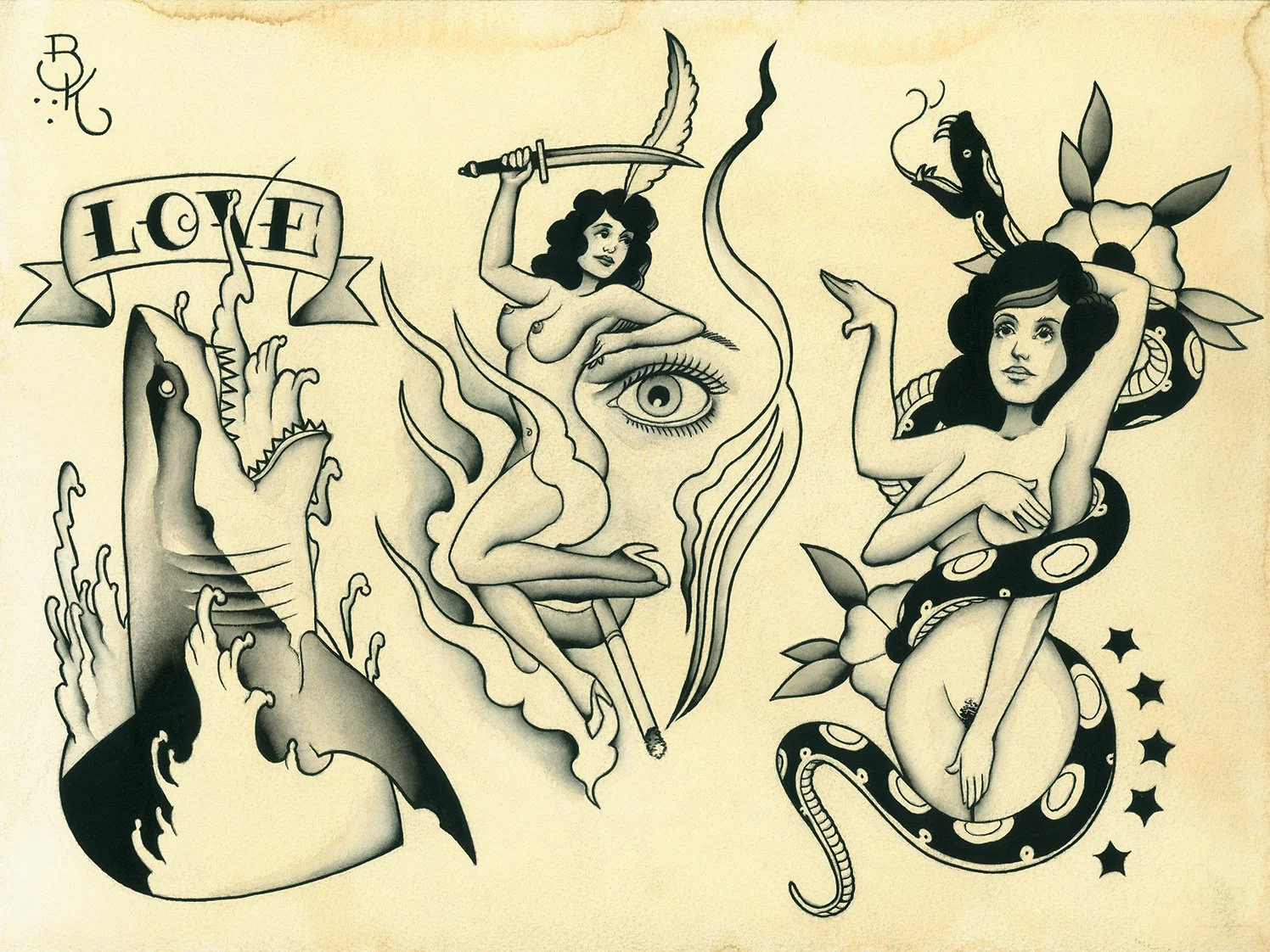 Tattoo-style illustration featuring two women with dark hair, one sitting on a snake and the other surrounded by floral and snake motifs, with the word 'LOVE' in a banner and a large eye in the center.