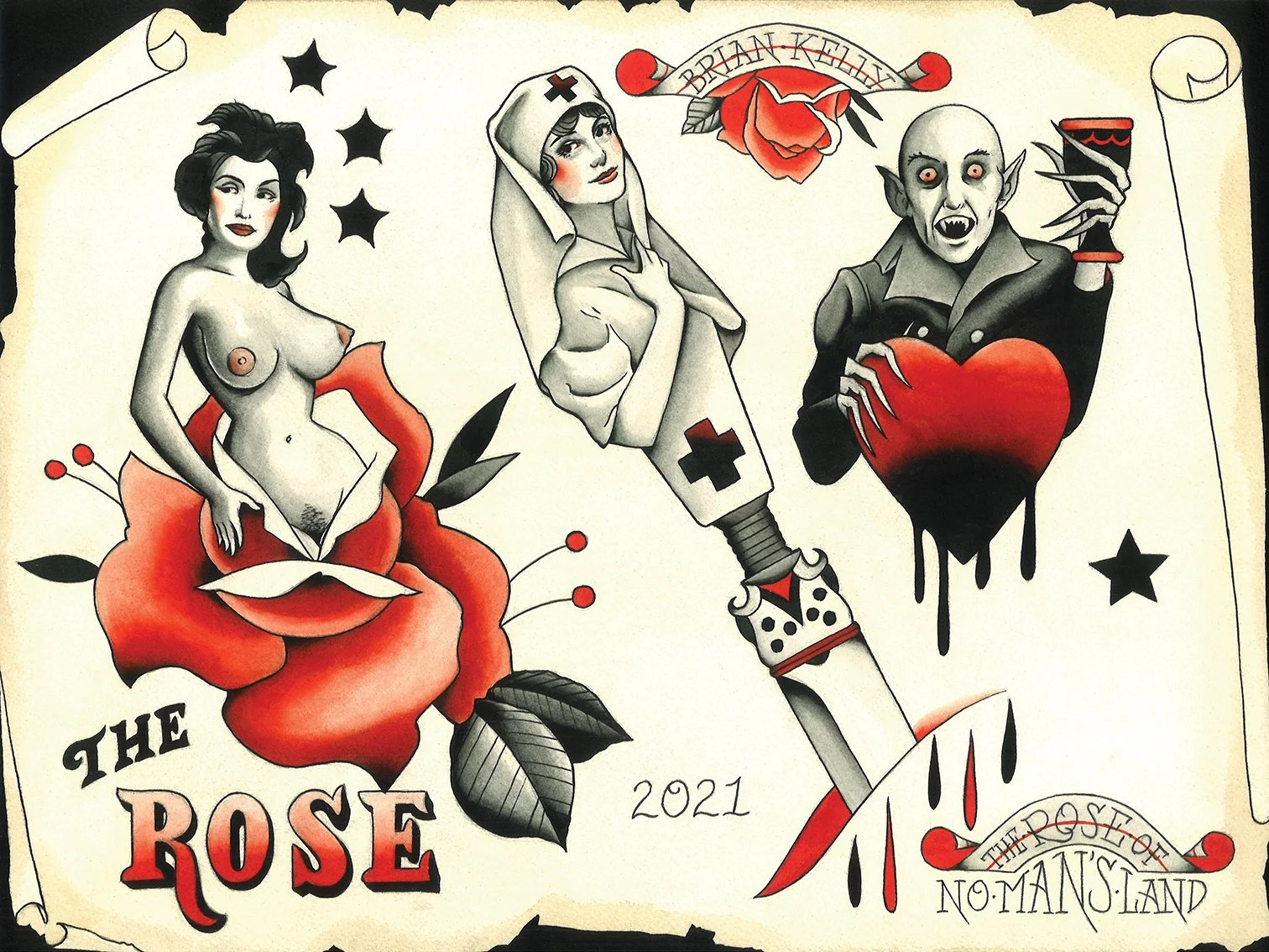 Tattoo-style illustration titled 'The Rose' featuring a topless woman with dark hair emerging from a red rose, a nurse with a syringe, and a vampire holding a bleeding heart, all in black, white, red, and grey colors.