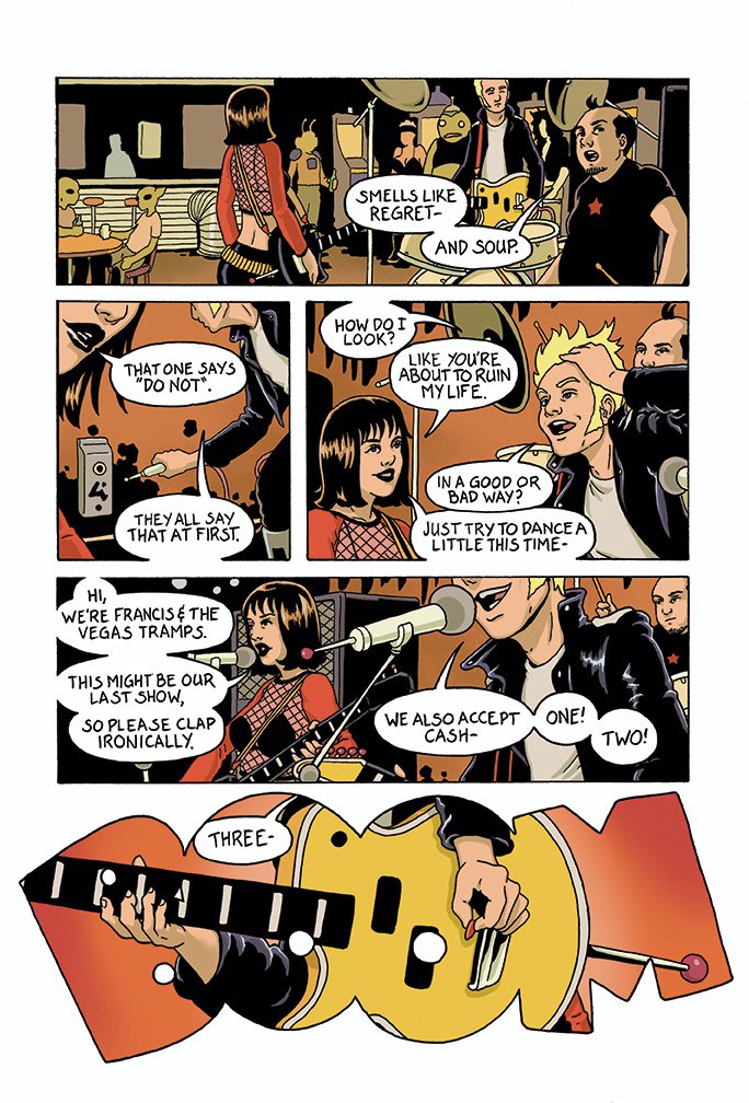 Comic strip featuring a band performing on stage with a microphone and audience. Characters are singing, playing guitars, and engaging with the audience.