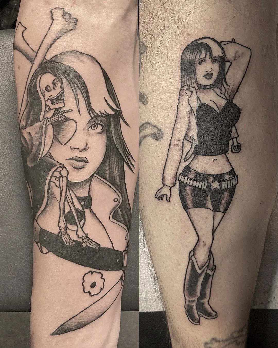 Two tattoos depicting women with different styles and themes.
