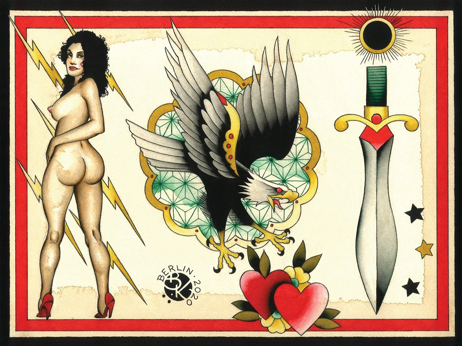 Tattoo-style illustration featuring a woman with black curly hair, a large black and gold eagle, a dagger with a black blade and gold hilt, a heart with leaves, and a small green gemstone pattern in the background.