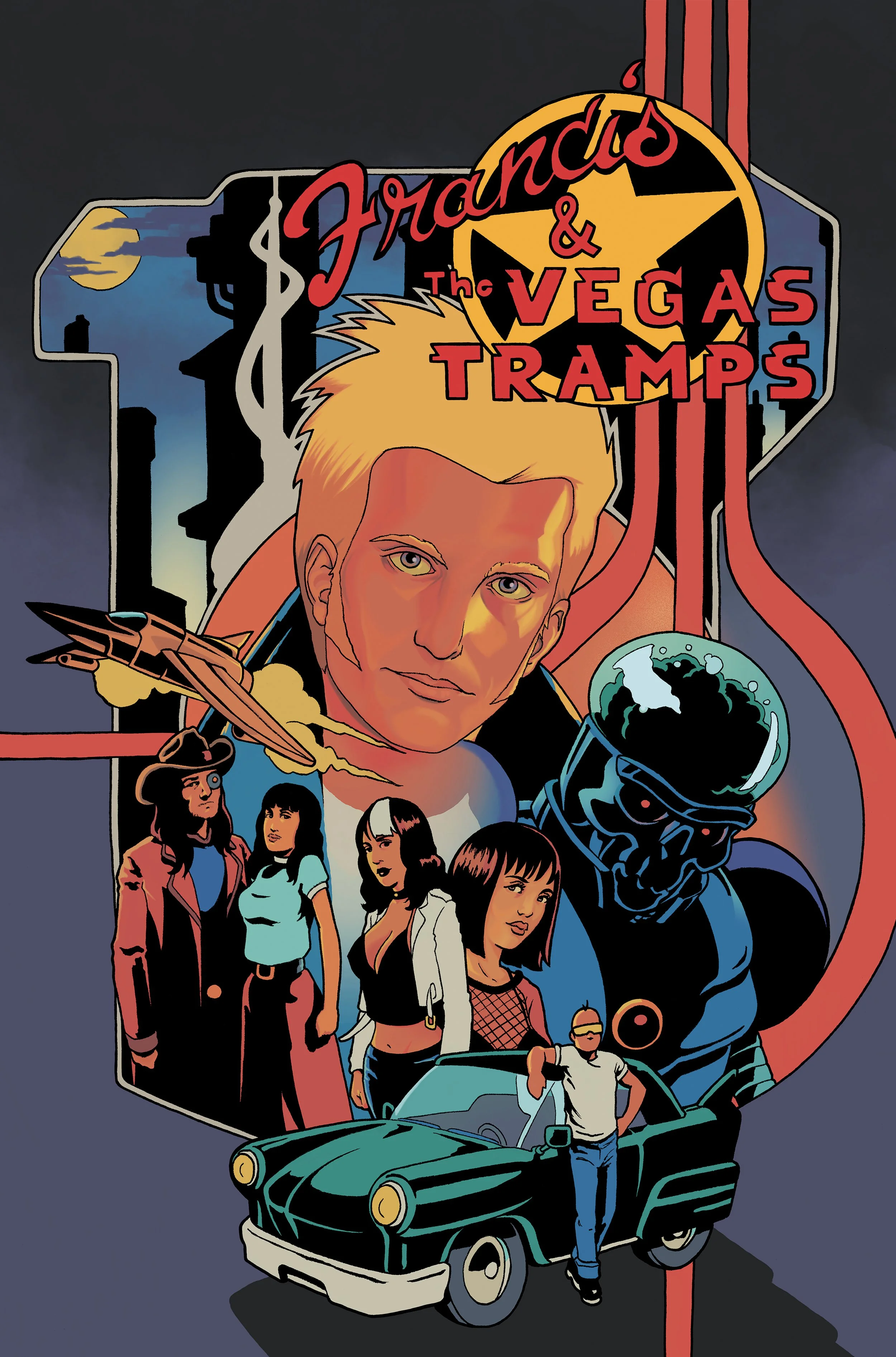 Colorful poster for the movie "Fast Times at Ridgemont High" featuring a blonde actor's face in the center, surrounded by characters including a woman in a white jacket, a woman with short black hair, a man with glasses in a motorcycle helmet, and a 