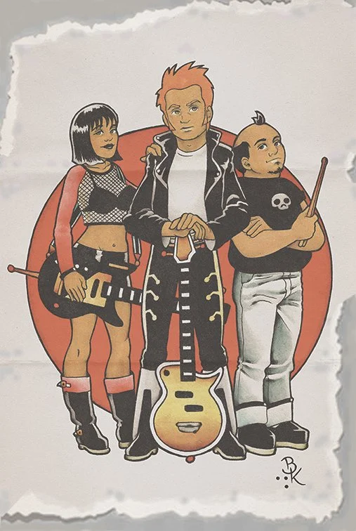 Illustration of three young musicians holding musical instruments against a red circular background. The central figure is a man with short, spiked hair, wearing a black and white jacket, holding a guitar. To his left, a woman with shoulder-length bl