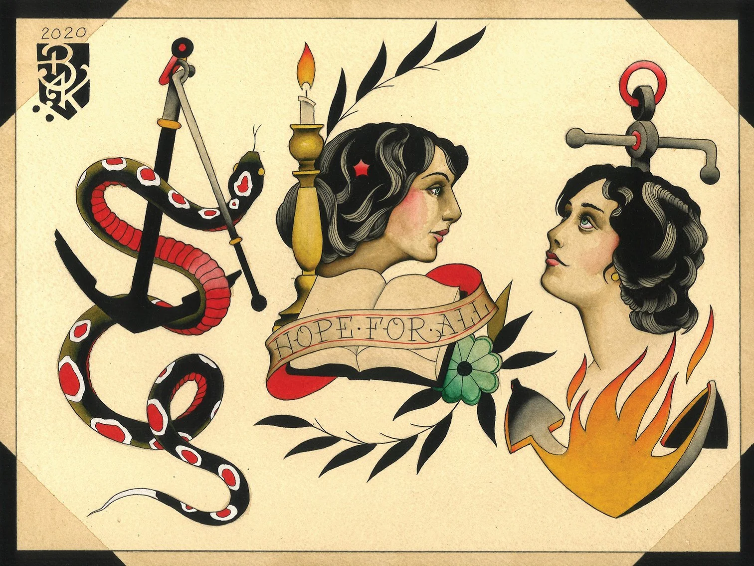 A tattoo-style illustration featuring two women with black hair. The woman on the left has a snake wrapped around her arm and an open book with a candle on top, with a banner reading "Hope for All." The woman on the right has a faucet as her hair, an